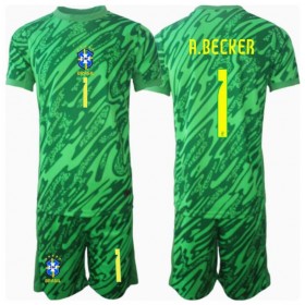 Dětské fotbalový komplet Brazílie Alisson Becker #1 Brankář Domácí košile Copa America 2024 Krátkým Rukávem